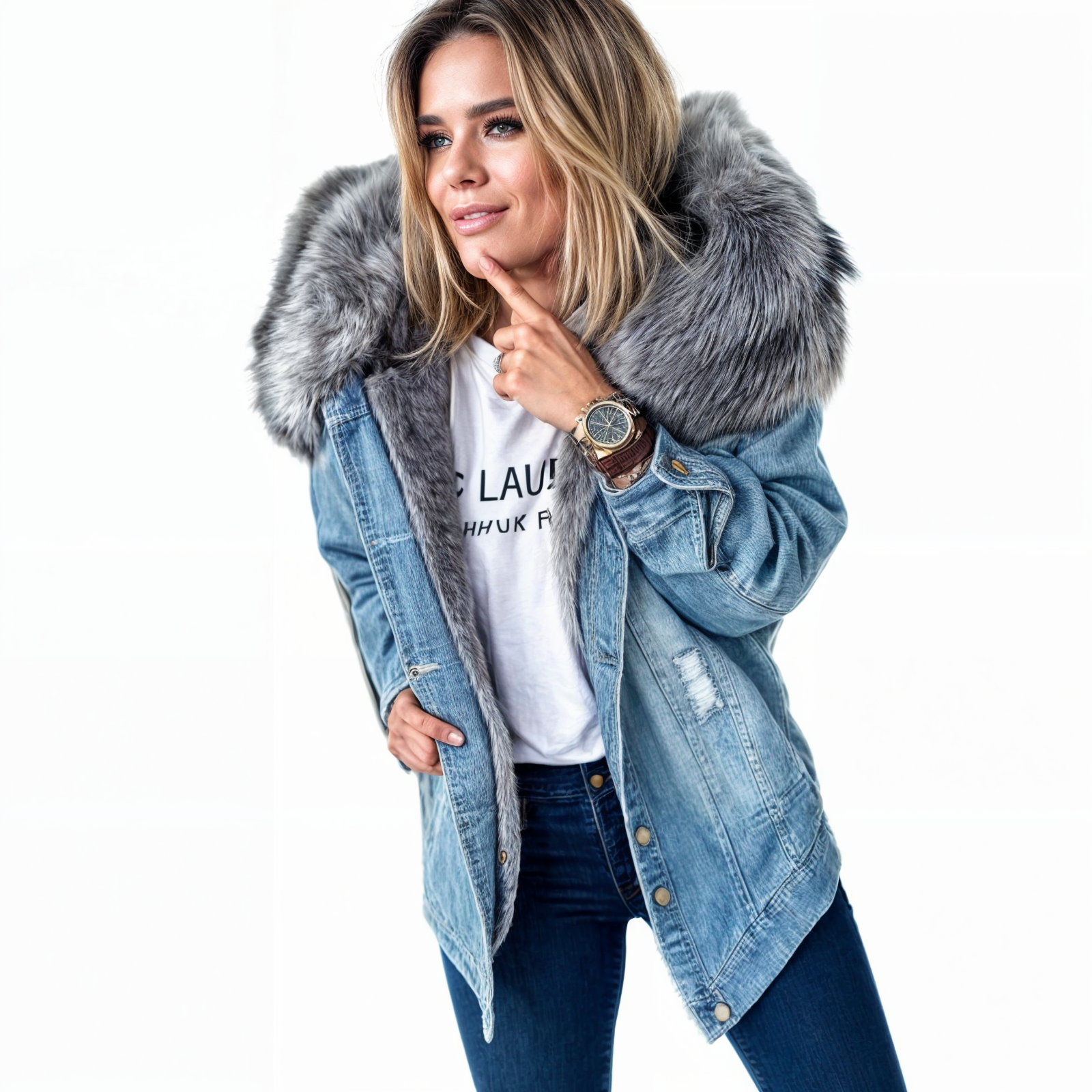 Damen-Jeansjacke mit Fellkragen