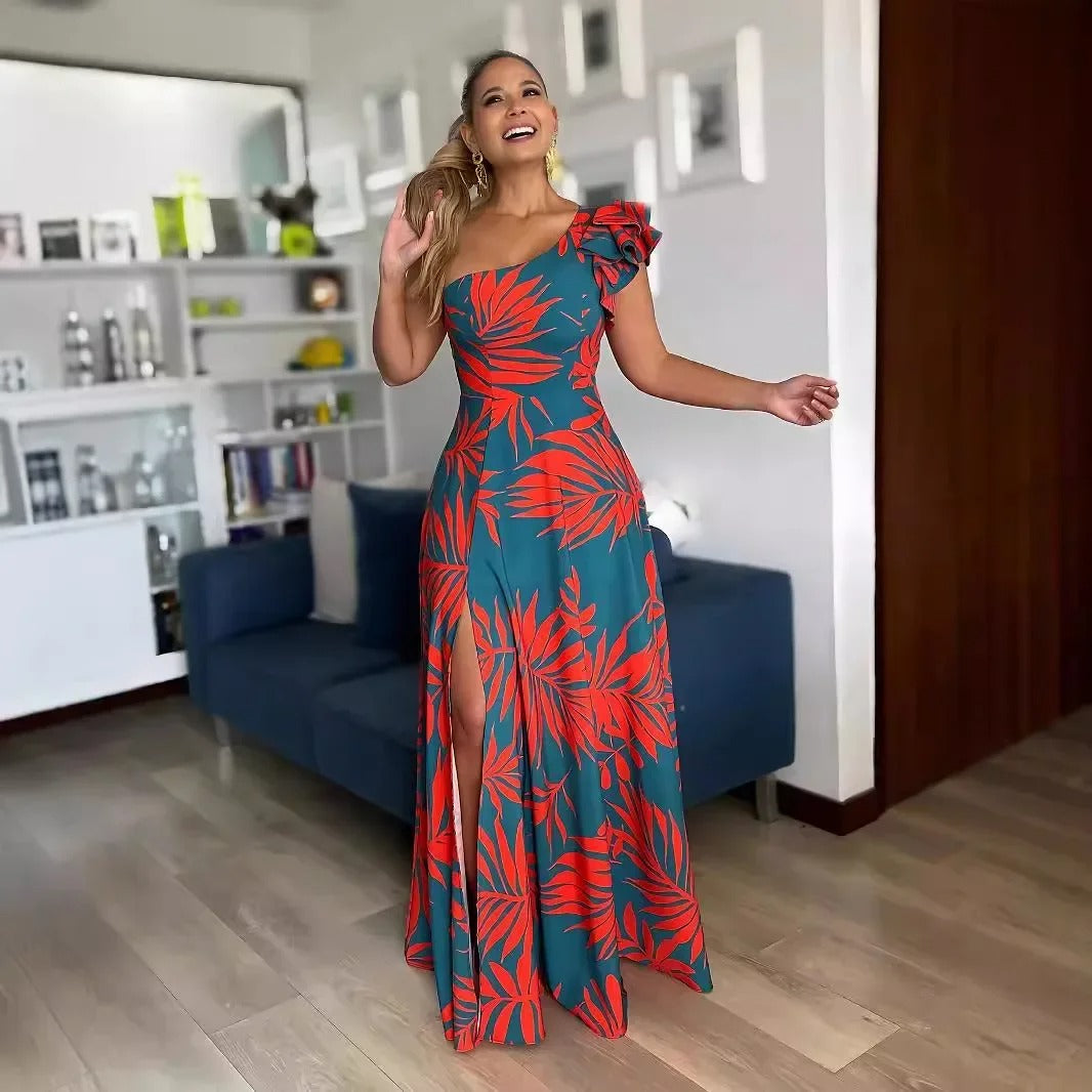 Ein-Schulter-Maxikleid mit tropischem Print