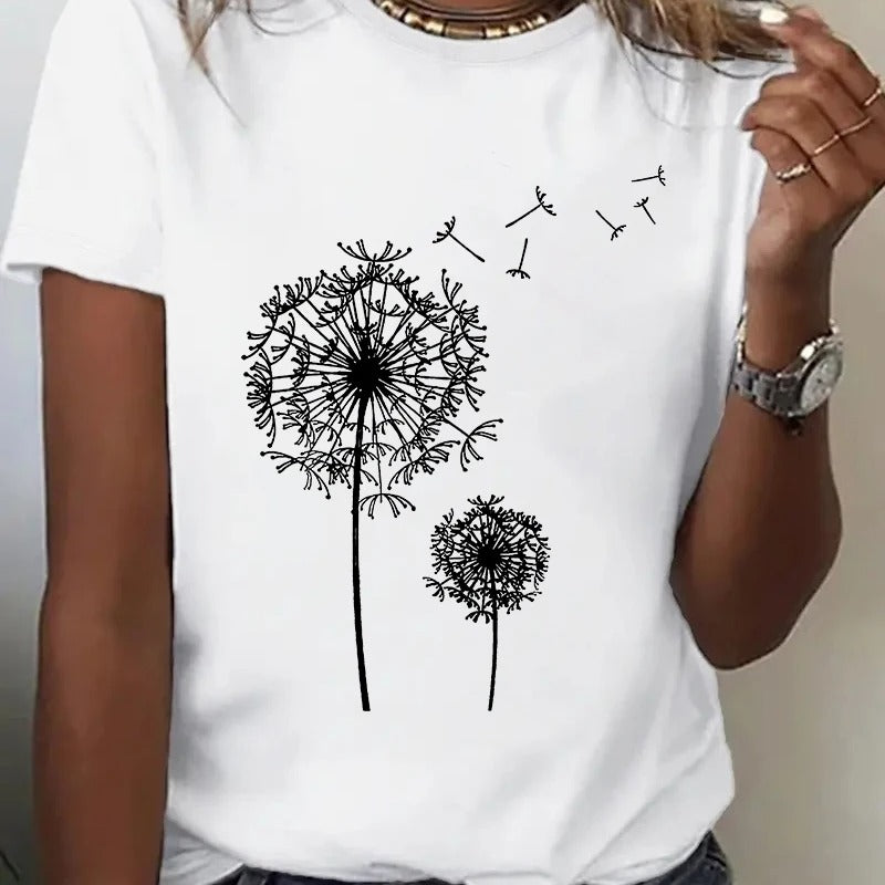 Paardebloem Print Crew Hals T-Shirt