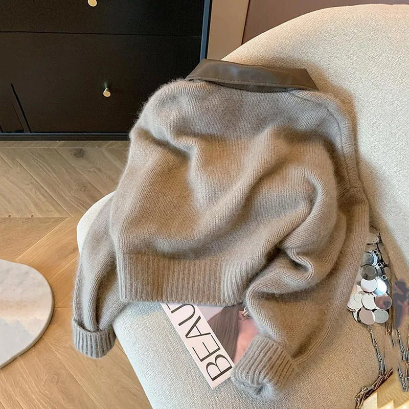 Strickpullover mit Ledercollier für Damen