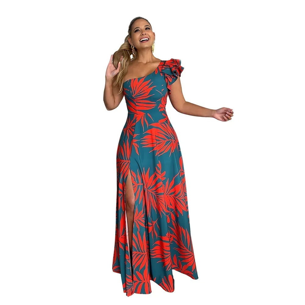 Ein-Schulter-Maxikleid mit tropischem Print