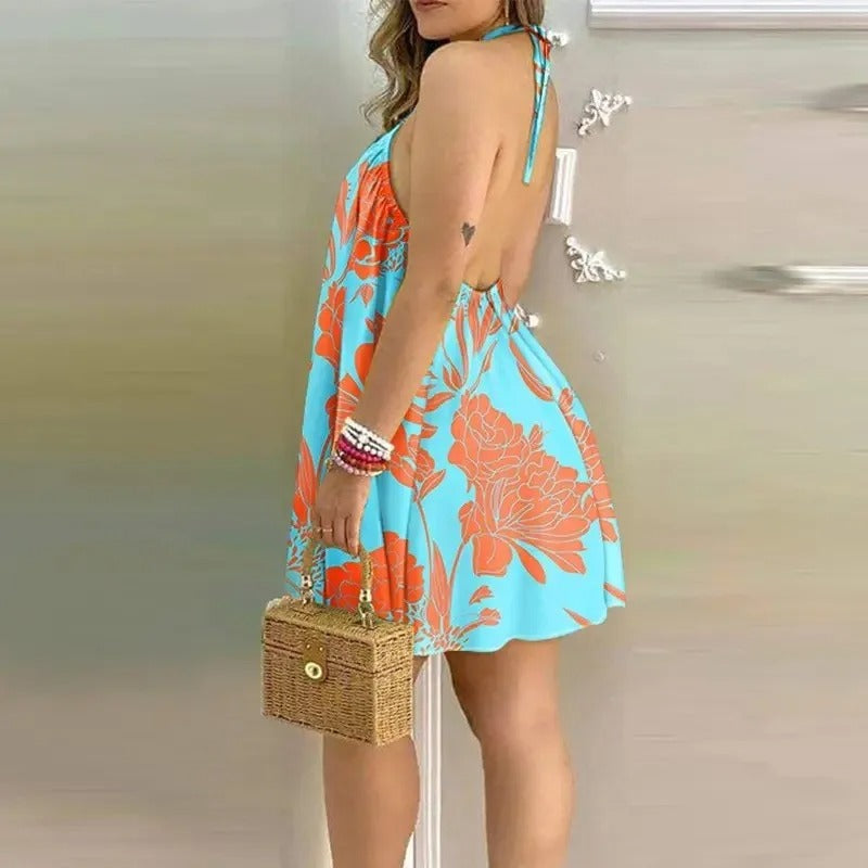 Tropischer Druck Rückenfreies Kleid mit Neckholder