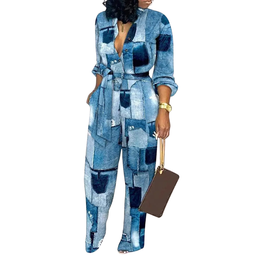 Overall mit modischem Aufdruck, V-Ausschnitt und hoher Taille