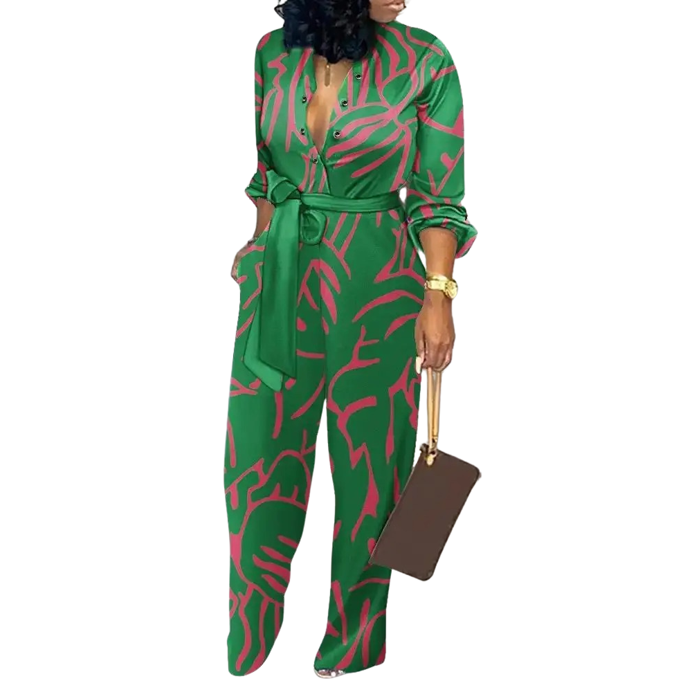 Overall mit modischem Aufdruck, V-Ausschnitt und hoher Taille