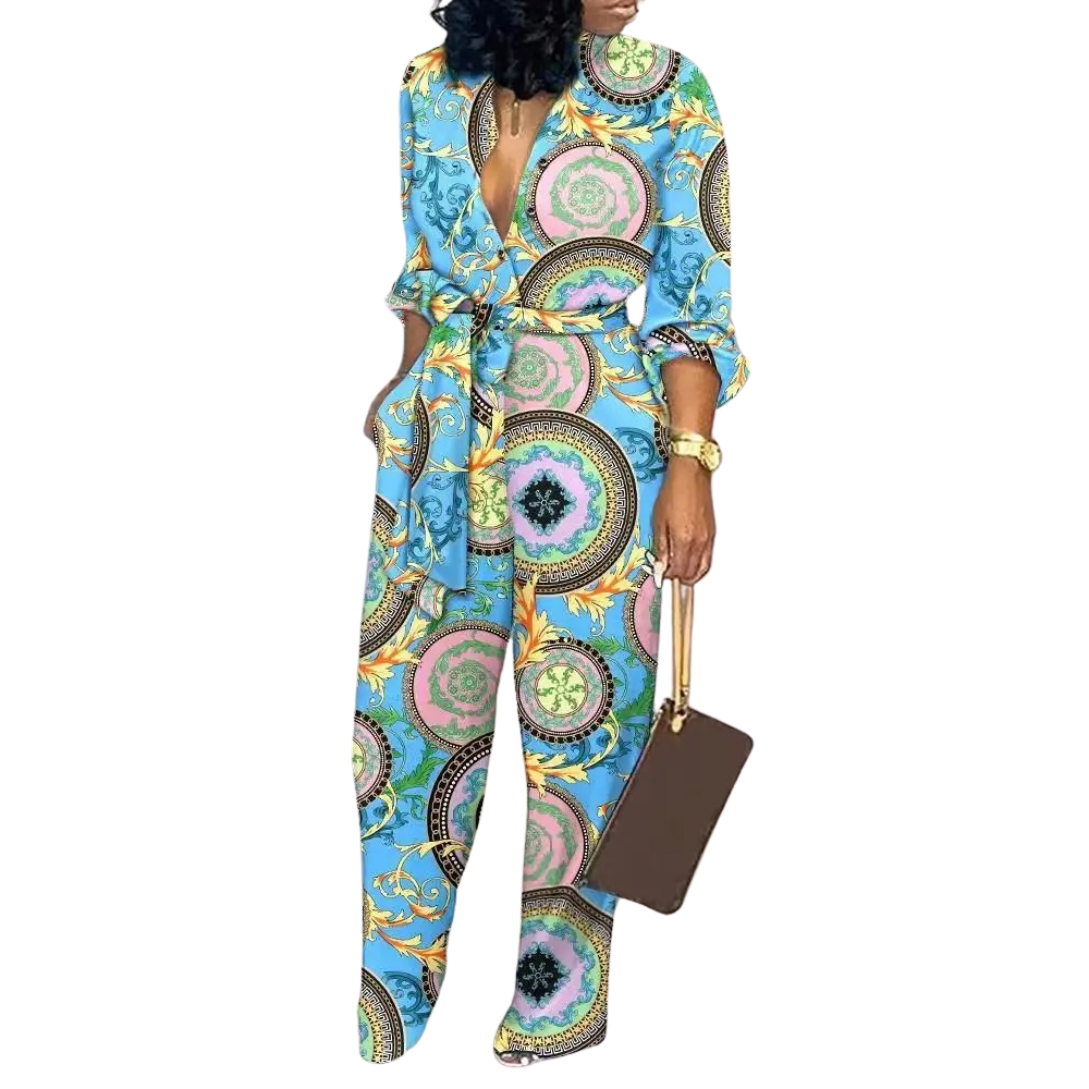 Overall mit modischem Aufdruck, V-Ausschnitt und hoher Taille