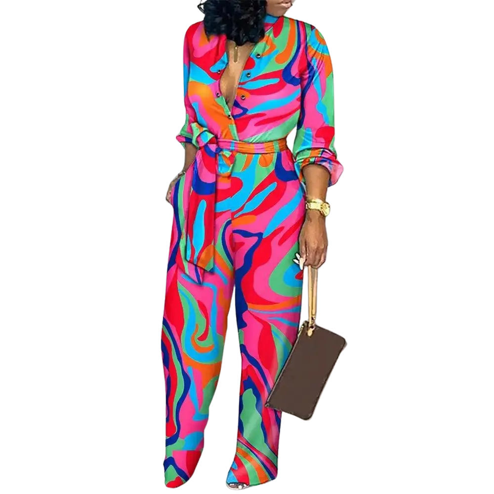 Overall mit modischem Aufdruck, V-Ausschnitt und hoher Taille