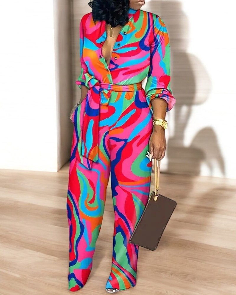 Overall mit modischem Aufdruck, V-Ausschnitt und hoher Taille