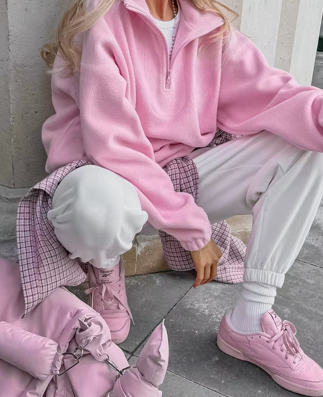 Damenpullover aus Fleece in Rosa mit Reißverschluss