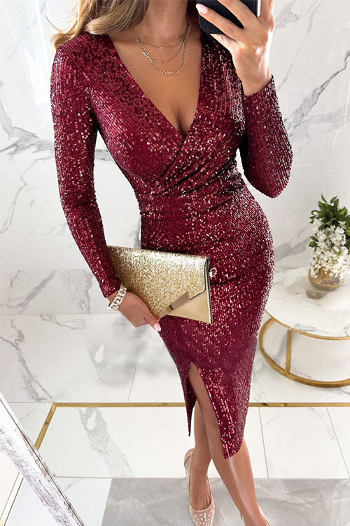 Damen Abendkleid Lang Pailletten Mit Schlitz Und Langen Ärmeln 3