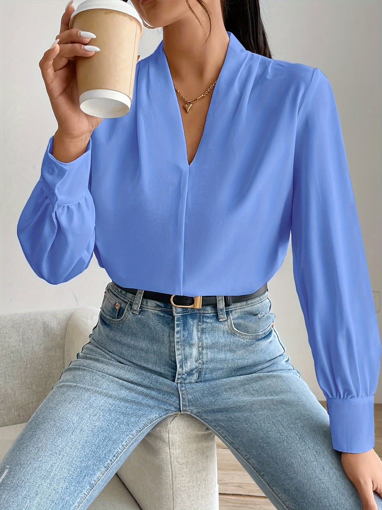 Damenbluse Schwarz V-Hals Elegant Polyester Bequem-5