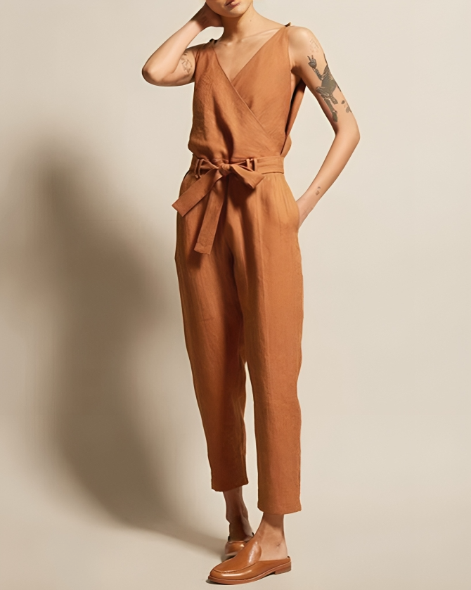 Variant image for Damen Jumpsuit Elegant Luftig Leinen mit Verstellbarem Gürtel für Sommer-7