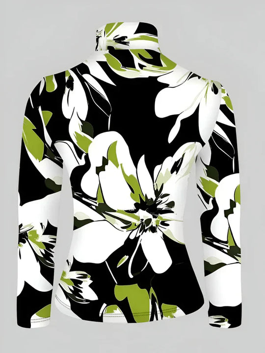 Damen Rollkragen Langarmshirt mit Blumendruck aus Baumwolle-4