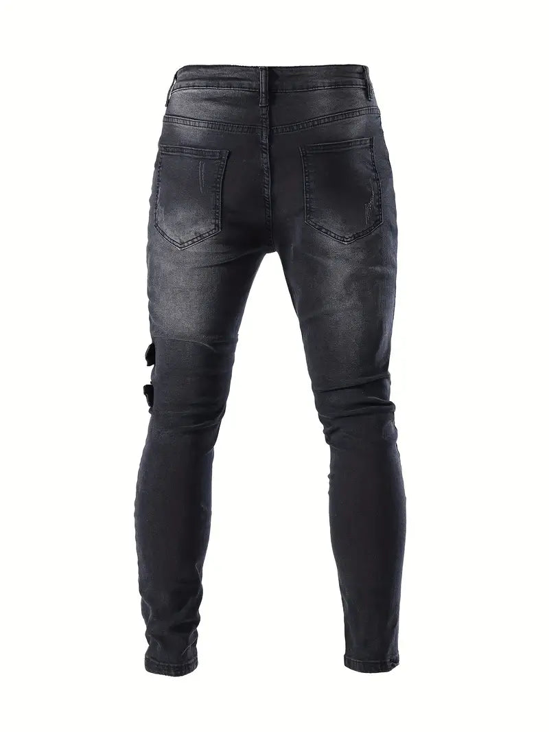 Herren Bikerjeans Lässig Gestepptes Denim mit Reißverschlüssen-2