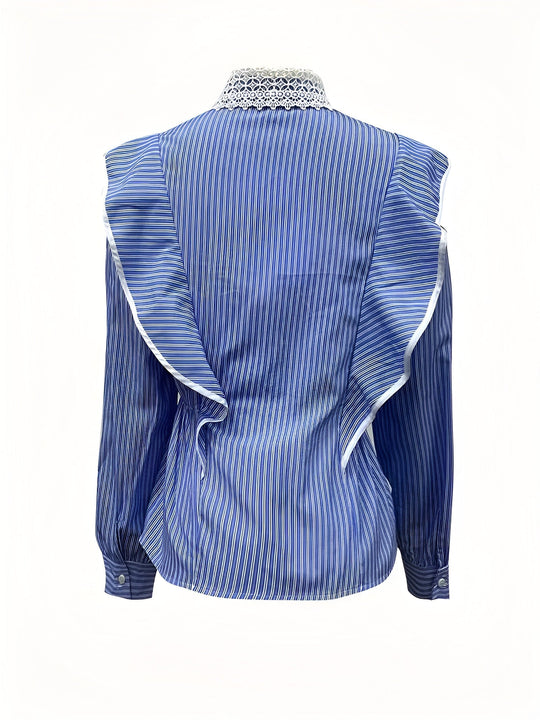 Damen Hemdbluse Gestreift mit Rüschen und Spitze aus Weichem Stoff-2