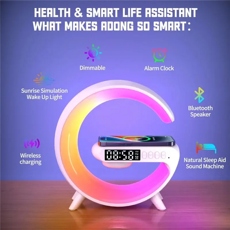 Intelligente Smart Home Lampe mit Bluetooth Lautsprecher, Kabelloses Ladegerät, 16 Millionen Farben, Kunststoff-Metall Design-5