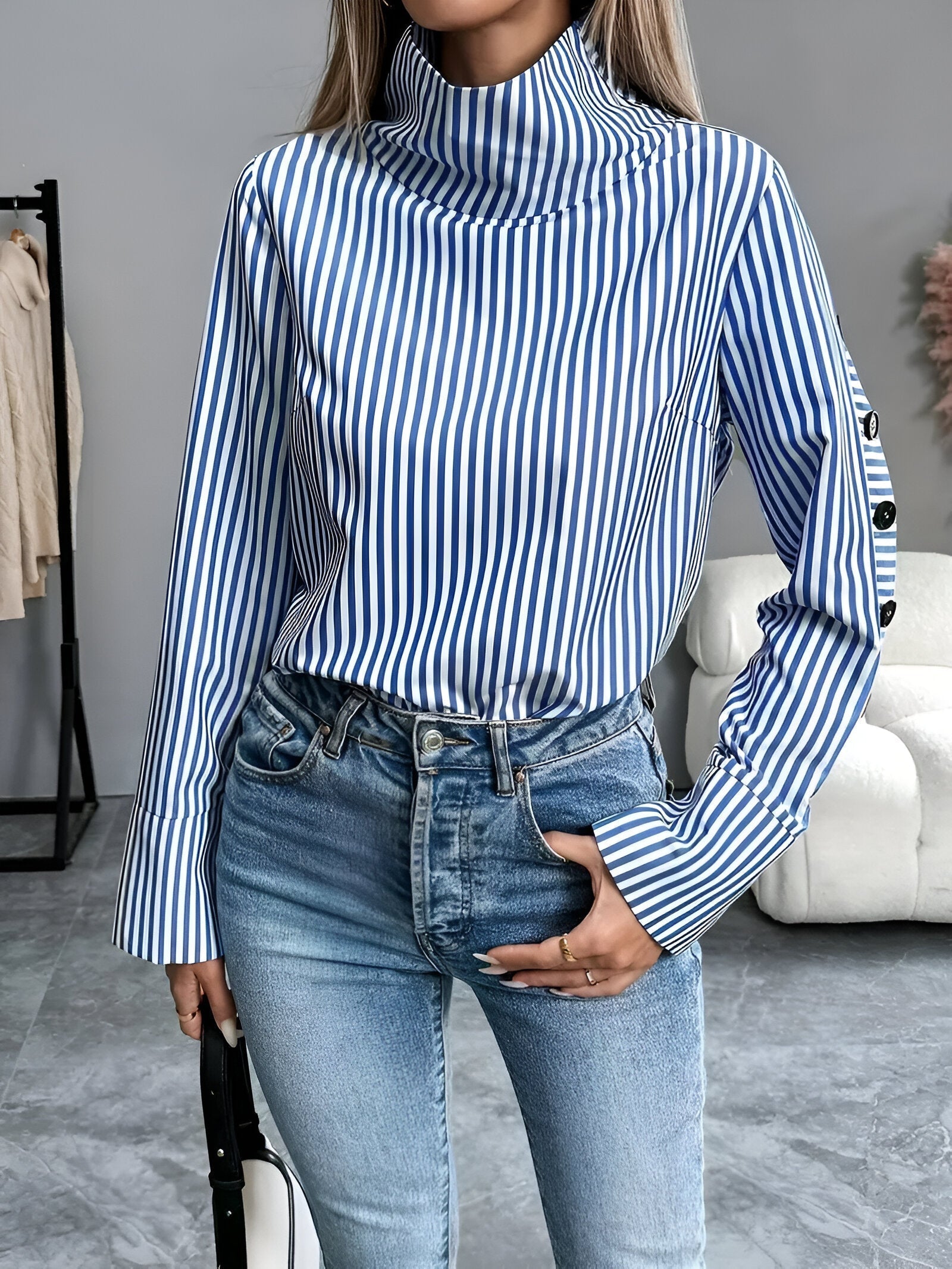 Variant image for Damen Langarmshirt Hoher Kragen Streifen Baumwolle Modernes Design-8