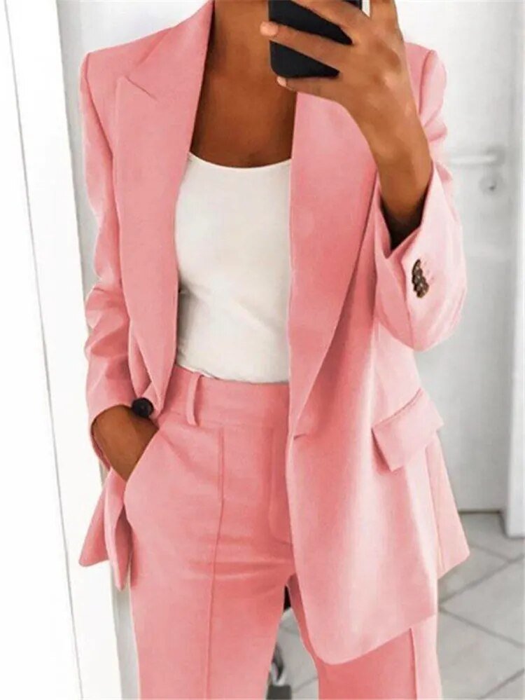 Variant image for Damenanzug Blazer Set Schwarz Elegant Weite Hosen Polyester-1