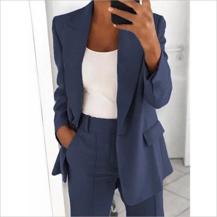 Variant image for Damenanzug Blazer Set Schwarz Elegant Weite Hosen Polyester-13