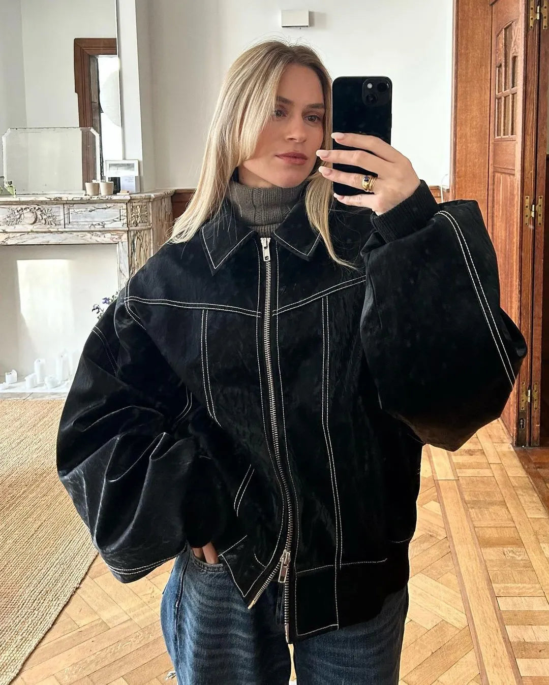 Variant image for Damen Jacke Schwarz Oversized Bomberjacke Warm Stilvoll-5