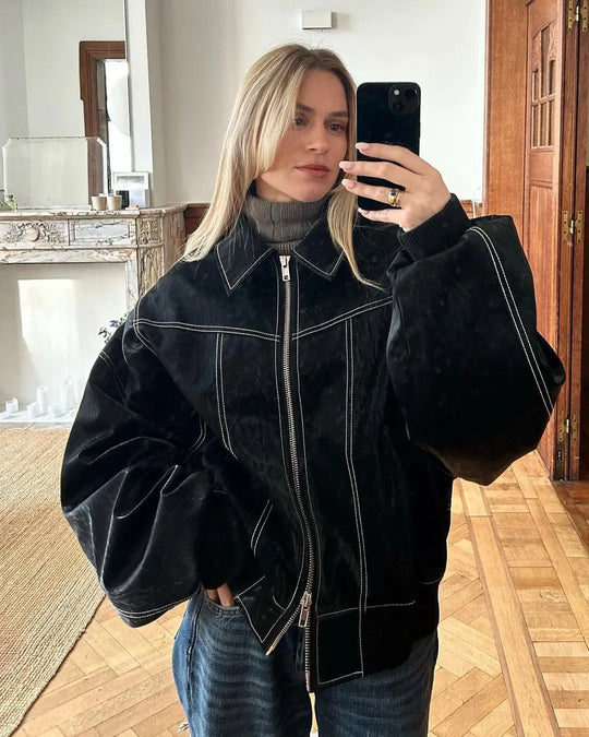 Variant image for Damen Jacke Schwarz Oversized Bomberjacke Warm Stilvoll-5