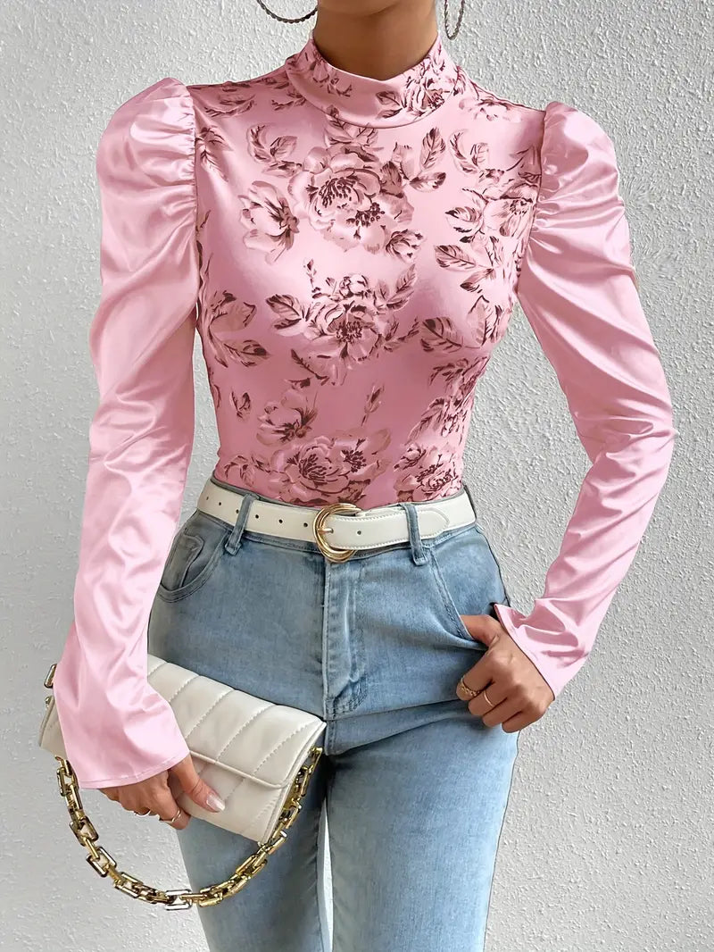 Damen Satin Top Festlich Blumenmuster Elegantes Oberteil-5