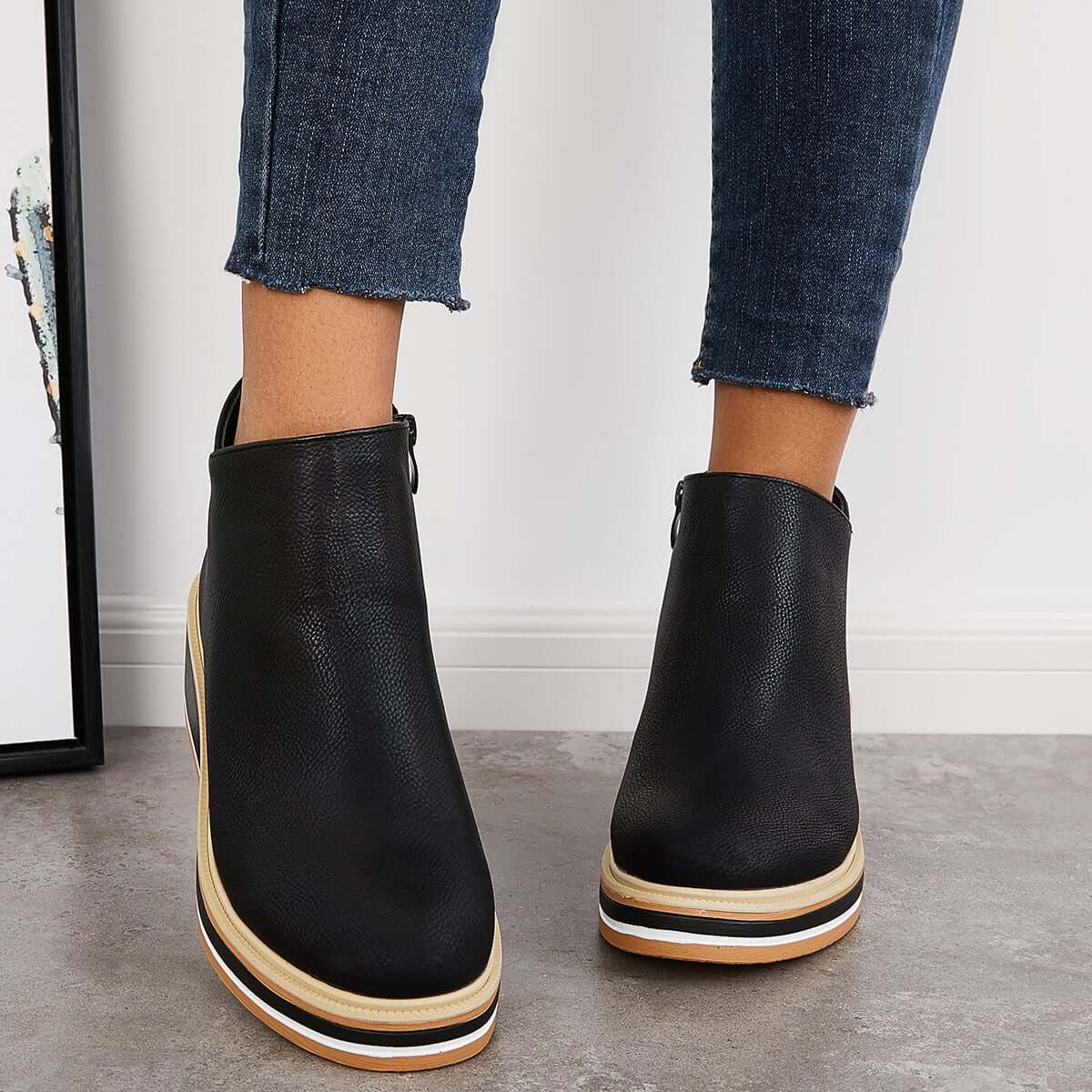 Damen Stiefel Knöchel mit Reißverschluss Plateau aus Kunstleder 2