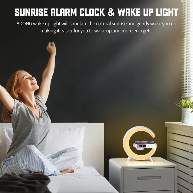 Intelligente Smart Home Lampe mit Bluetooth Lautsprecher, Kabelloses Ladegerät, 16 Millionen Farben, Kunststoff-Metall Design-2