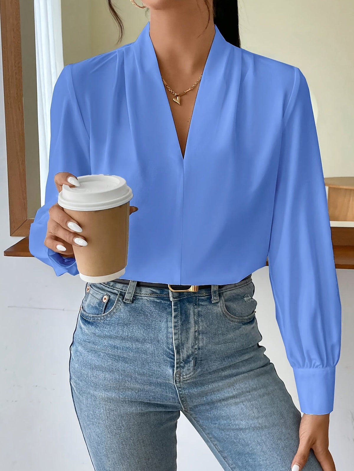 Damenbluse Schwarz V-Hals Elegant Polyester Bequem-4