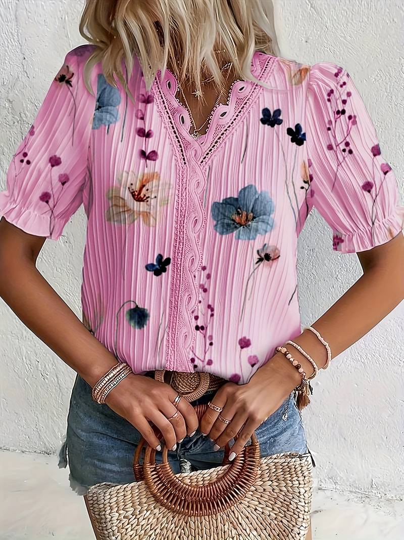 Damenbluse V-Ausschnitt Lockeres Polyester für Frühling und Sommer-3