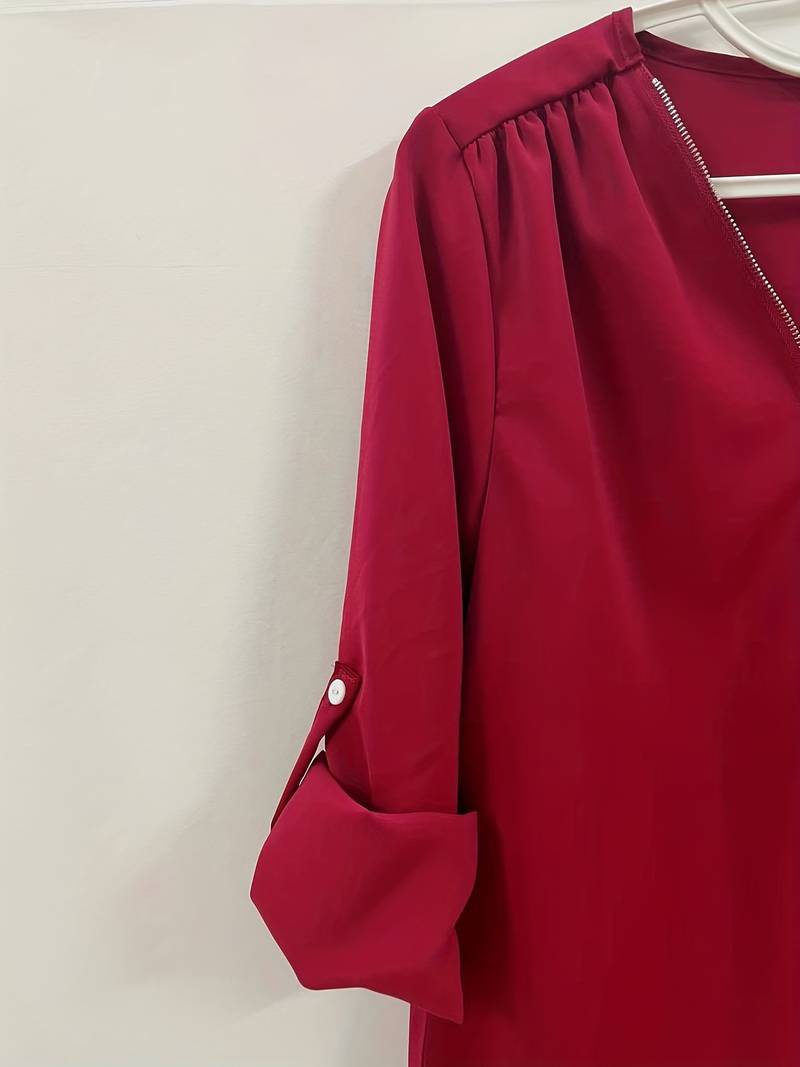 Damenbluse Lässig Gerafft Halber Reißverschluss Hochwertiger Stoff-5