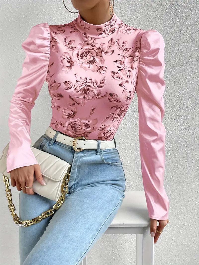 Damen Satin Top Festlich Blumenmuster Elegantes Oberteil-4