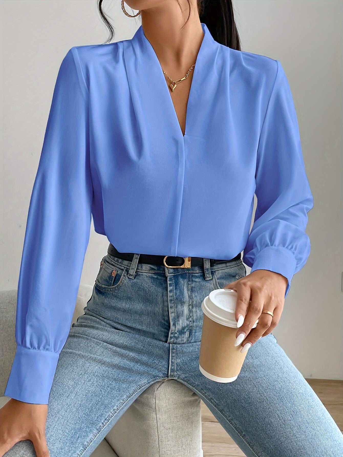 Variant image for Damenbluse Schwarz V-Hals Elegant Polyester Bequem-1