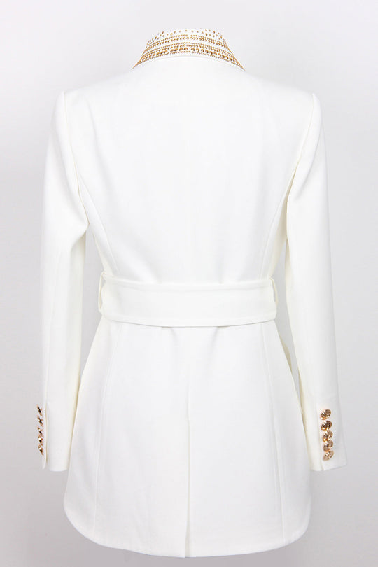 Damen Blazer Weiß Elegant mit Goldperlen Tailliert Polyester-1