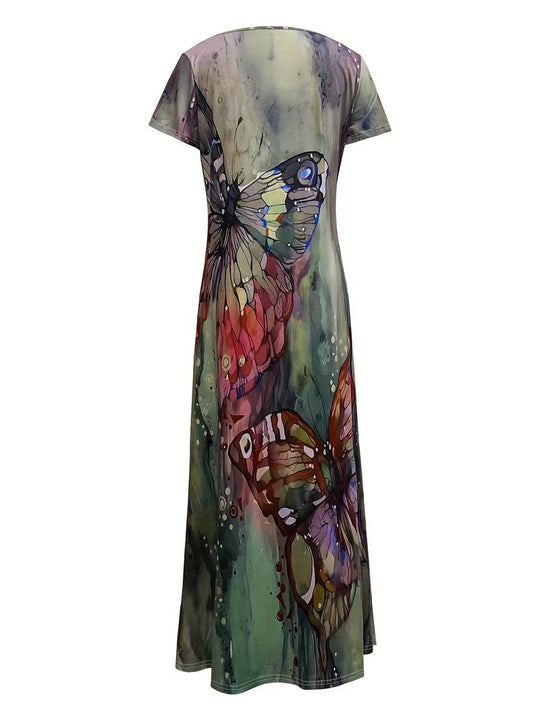 Damen Kleid V-Ausschnitt Schmetterlingsdruck Leicht Polyester für Sommerveranstaltungen-2