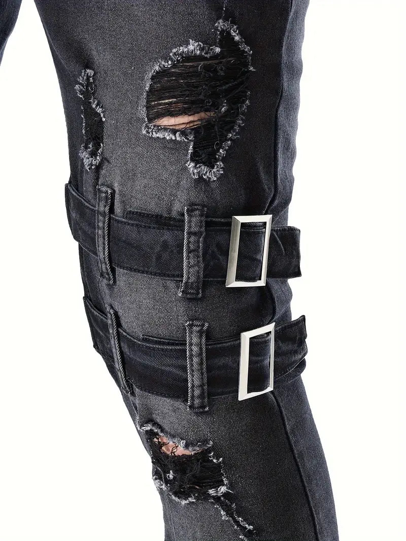 Herren Bikerjeans Lässig Gestepptes Denim mit Reißverschlüssen-6