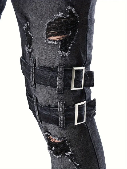 Herren Bikerjeans Lässig Gestepptes Denim mit Reißverschlüssen-6