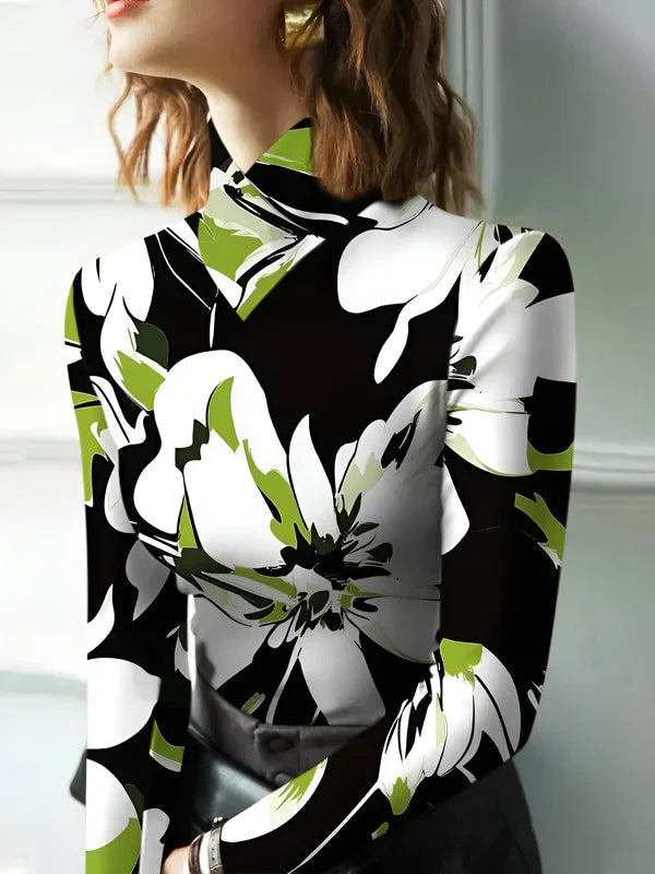 Variant image for Damen Rollkragen Langarmshirt mit Blumendruck aus Baumwolle-1