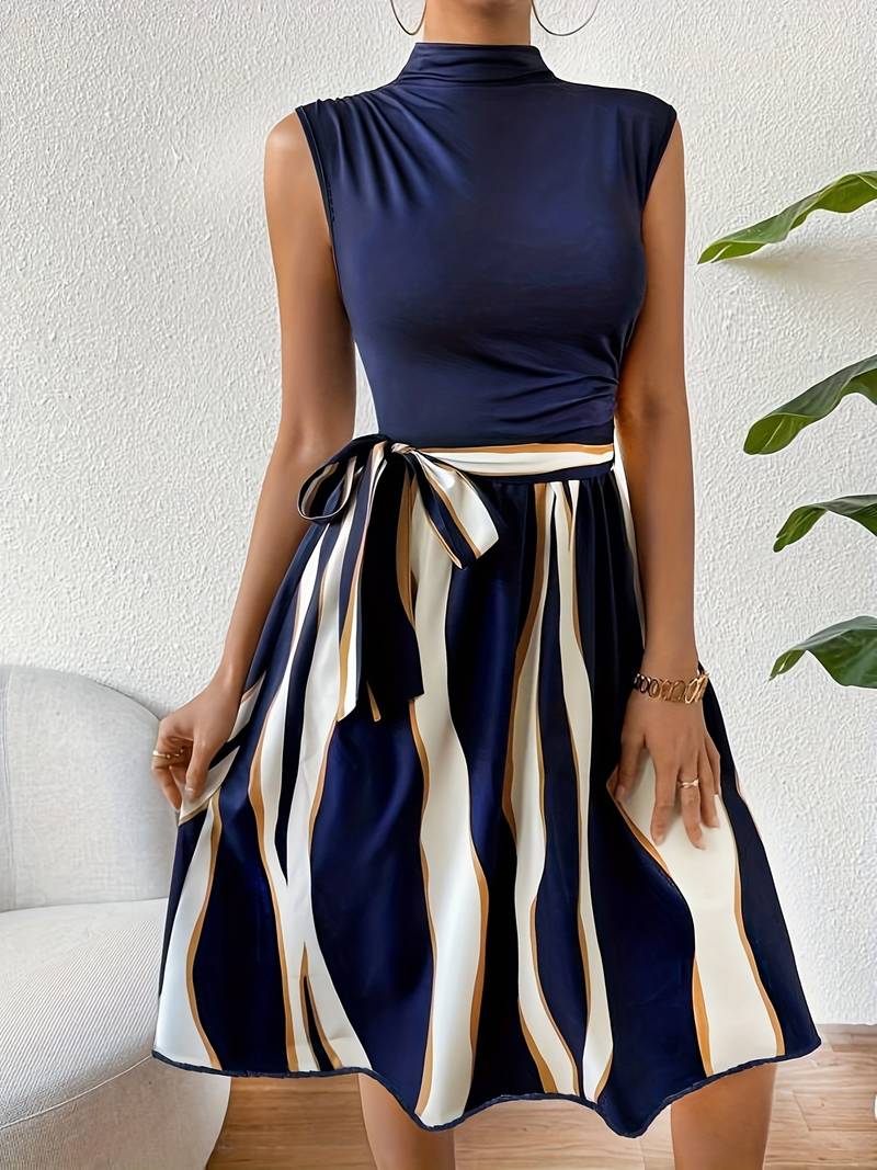 Damen Patchwork Kleid Mit Gürtel Streifendruck Baumwollmischung-2