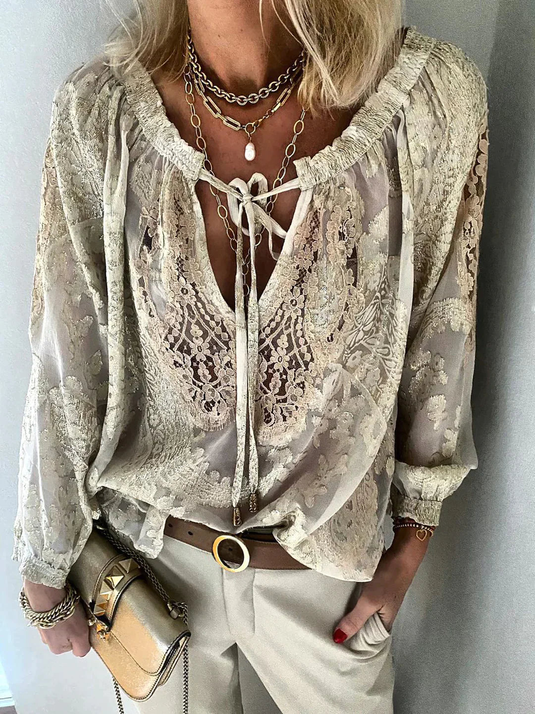 Damen Bluse Mit Spitzen Details Bequem Polyester-1