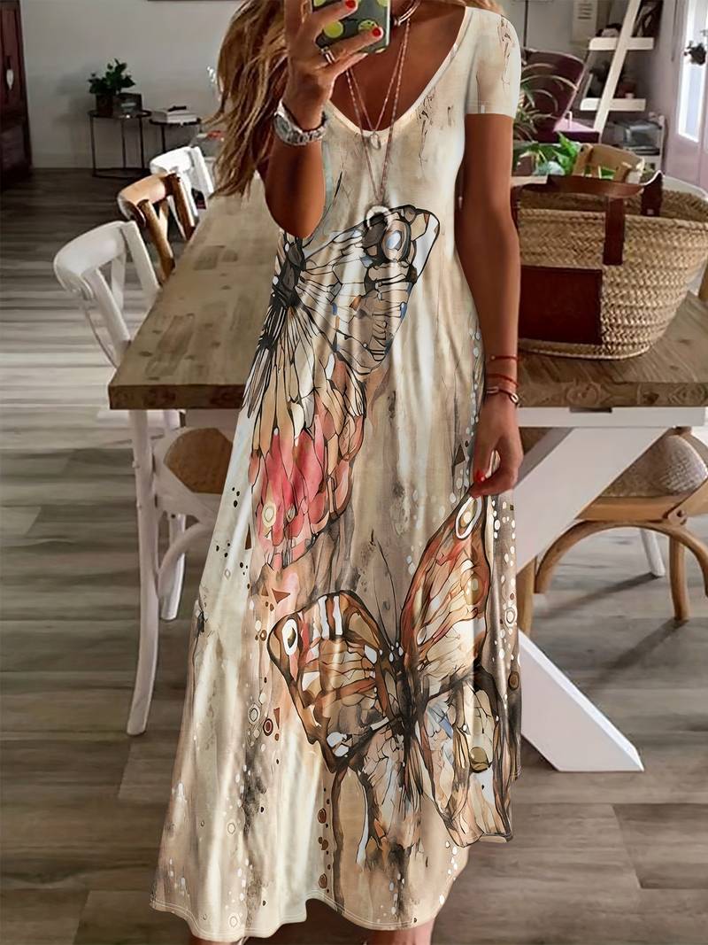 Variant image for Damen Kleid V-Ausschnitt Schmetterlingsdruck Leicht Polyester für Sommerveranstaltungen-17