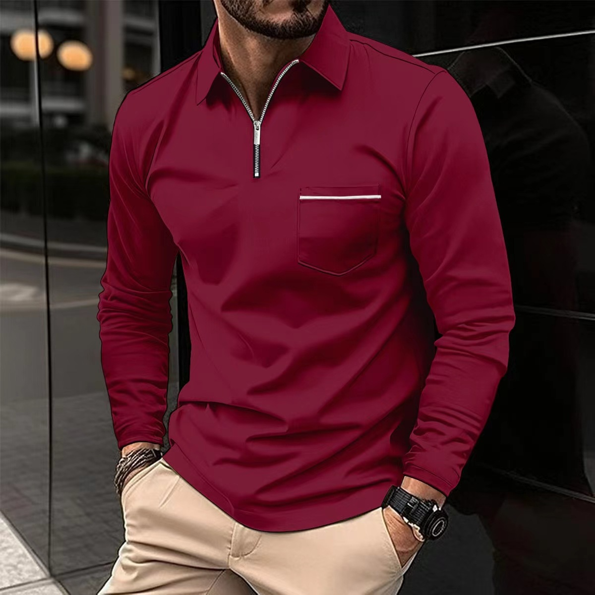 Herren Langarm-Poloshirt Klassisch Baumwolle Frühling-1