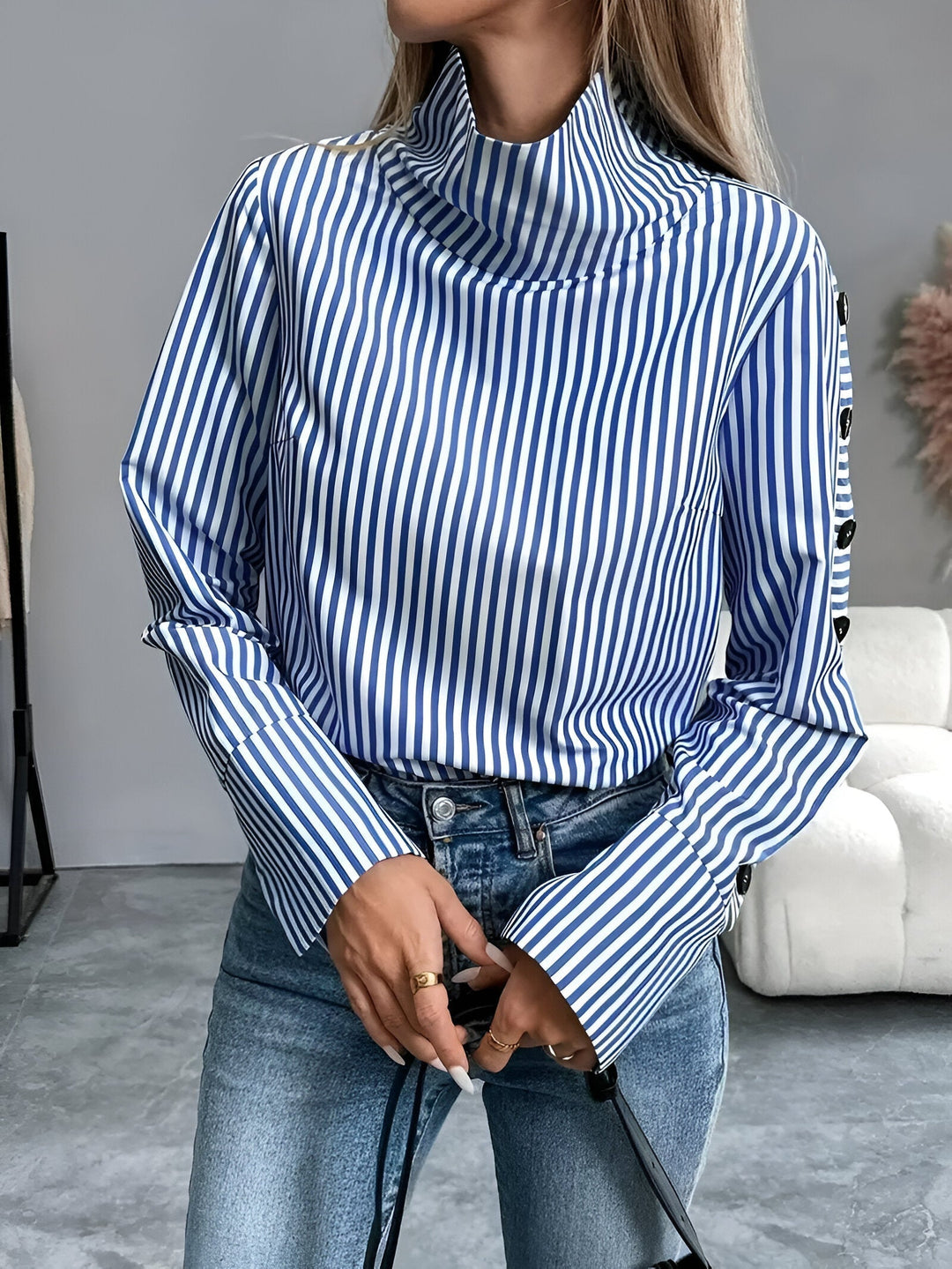 Damen Langarmshirt Hoher Kragen Streifen Baumwolle Modernes Design-4