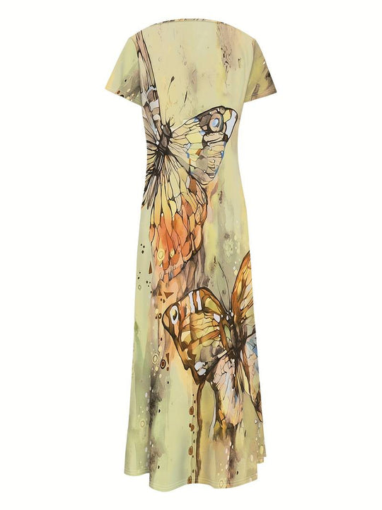 Damen Kleid V-Ausschnitt Schmetterlingsdruck Leicht Polyester für Sommerveranstaltungen-5