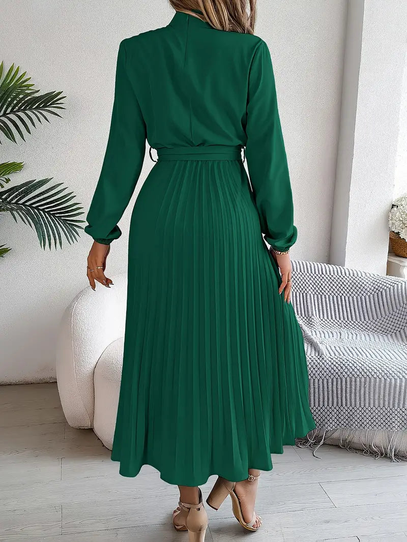Damen Kleid Stehkragen Faltengürtel Hochwertiger Stoff-3