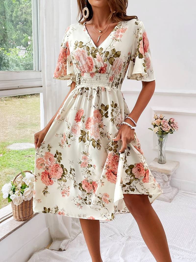 Damen A-Linien Kleid V-Ausschnitt mit Rüschenärmeln aus 100% Polyester für Abendveranstaltungen und Sommeranlässe-4