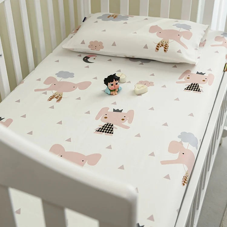 Babybett Spannbettlaken Set mit Elefantenmuster und Kissenbezug 0