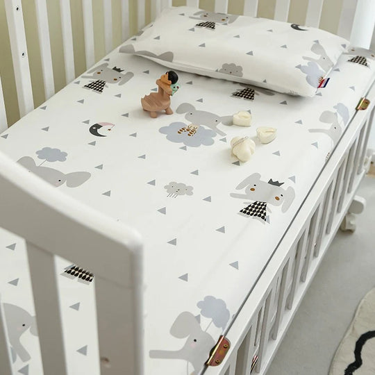 Babybett Spannbettlaken Set mit Elefantenmuster und Kissenbezug 7