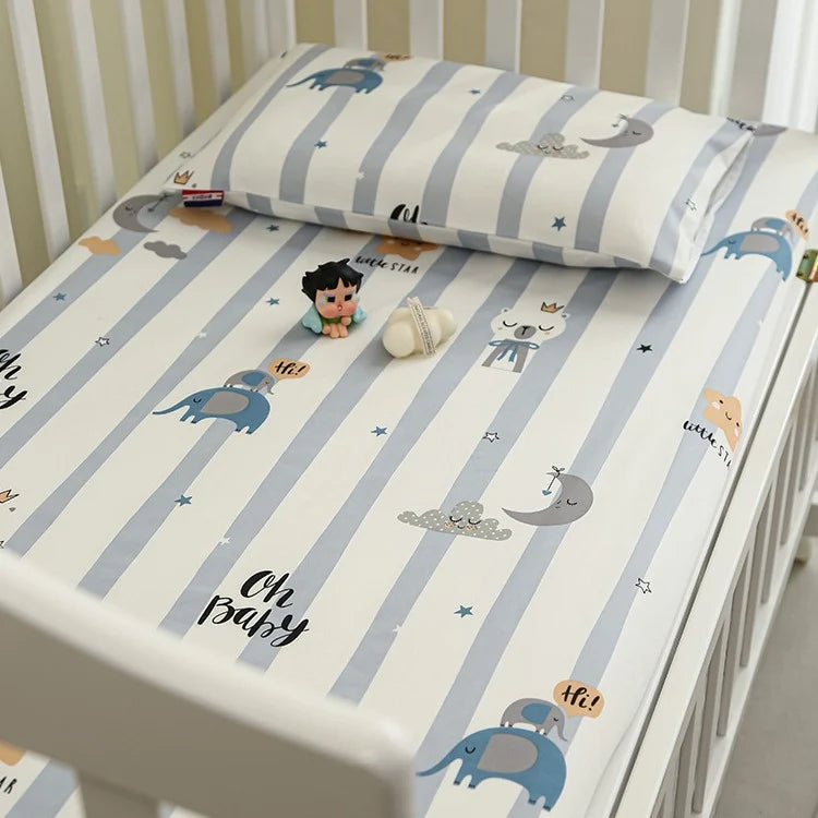 Babybett Spannbettlaken Set mit Elefantenmuster und Kissenbezug 9