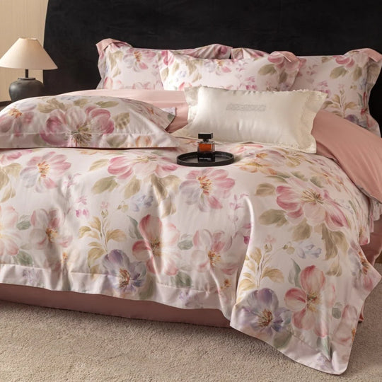 Bettwäsche-Set Damen Baumwollsatin Aquarellblumen Wendedecke 9
