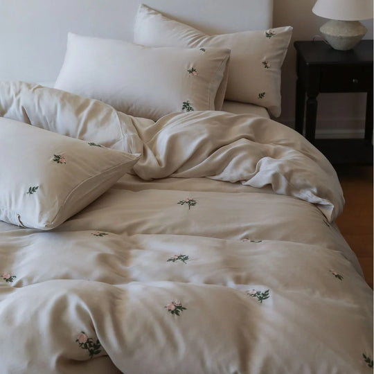 Bettwäsche-Set Damen Baumwollsatin mit Aquarellblumenstickerei 7